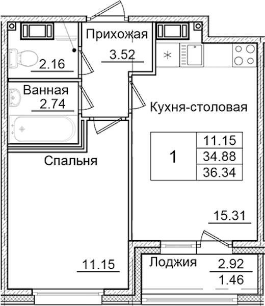 1-комнатная квартира 36.34 м², 2/9 эт., ЖК «Квартал Заречье»